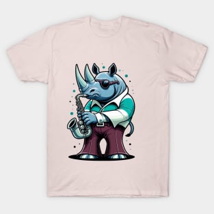 Groovy 70s Saxophone-blowing Rhino - Colorful Cartoon Vector Art T-Shirt